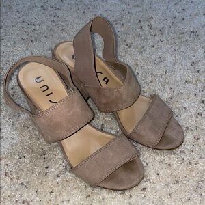 Unisa Women's Tan Sandals. 3 inch chunky heel, suede like fabric